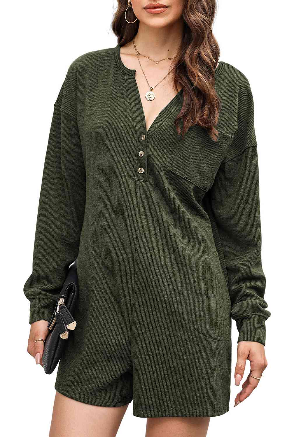 Notched Neck Long Sleeve Romper - TRENDMELO