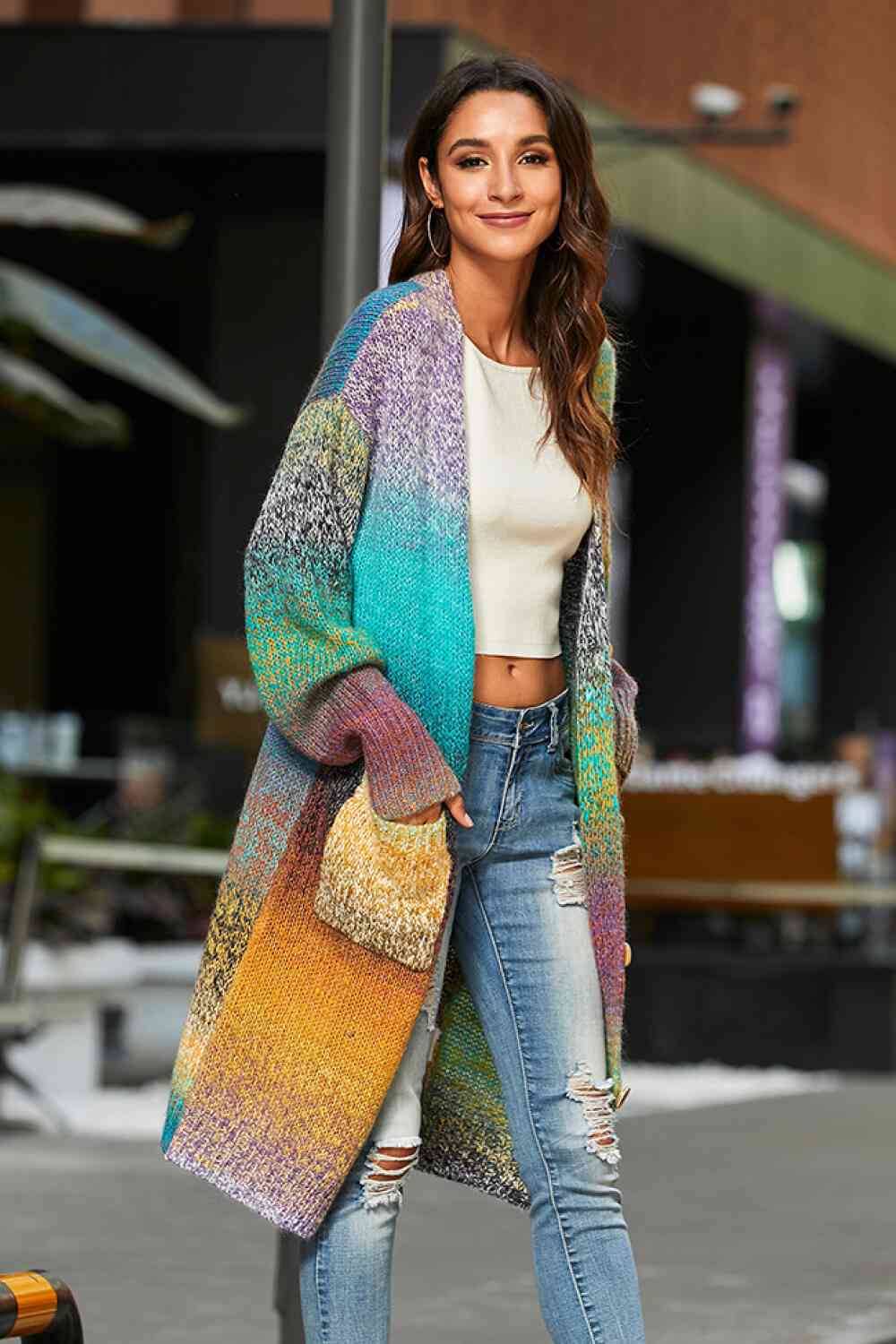 Gradient Button Down Duster Cardigan with Pockets - TRENDMELO