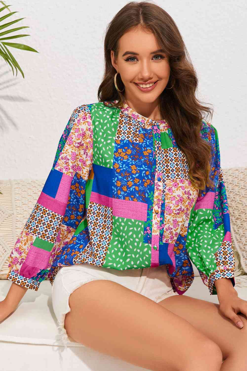 Double Take Patchwork Round Neck Shirt - TRENDMELO