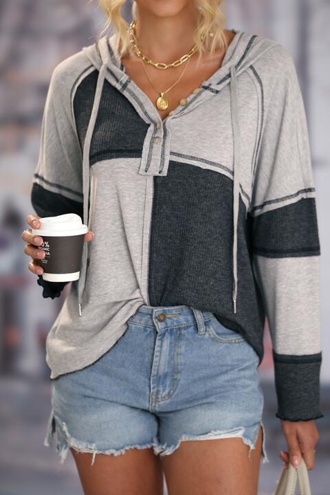 Multicolor Colorblock Ribbed Henley Hoodie - TRENDMELO