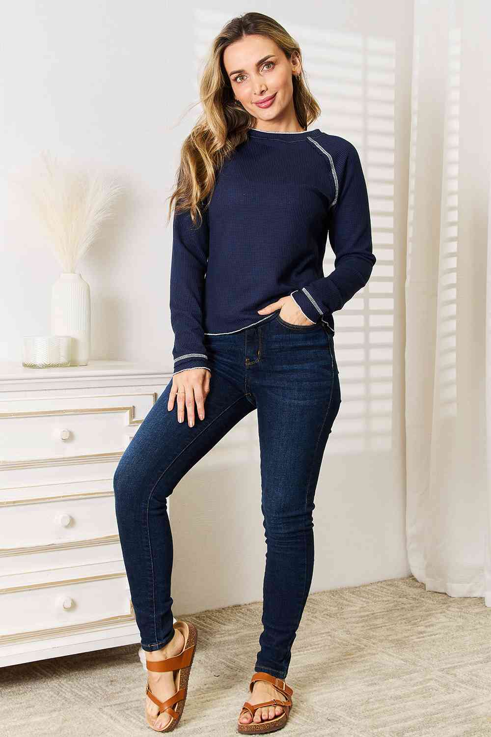 Basic Bae Long Raglan Sleeve Round Neck Top - TRENDMELO