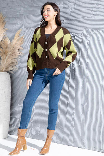 Geometric Button Up Dropped Shoulder Cardigan - TRENDMELO