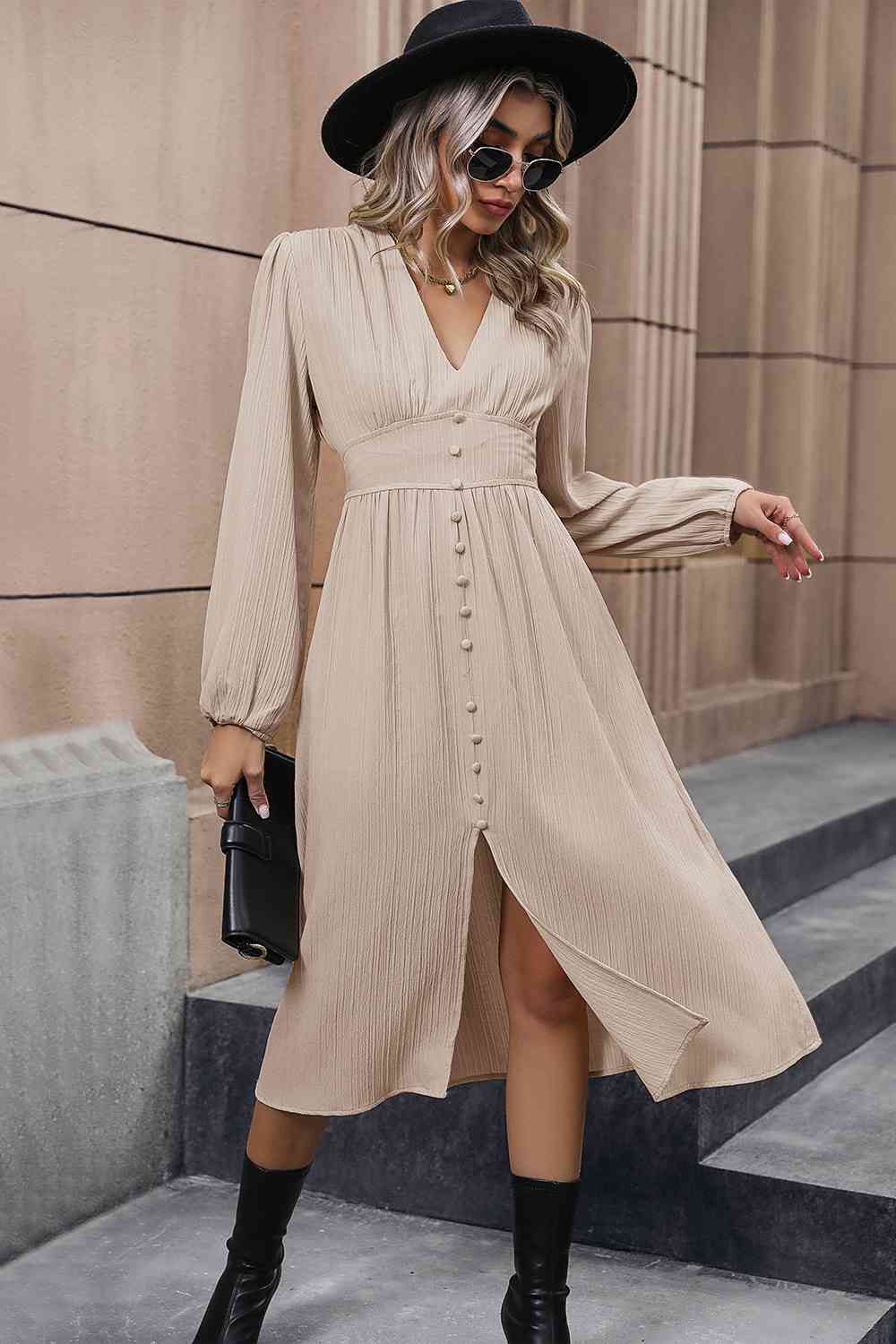 V-Neck Buttoned Slit Dress - TRENDMELO