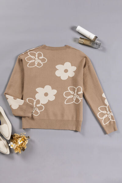 Flower Round Neck Dropped Shoulder Sweater - TRENDMELO