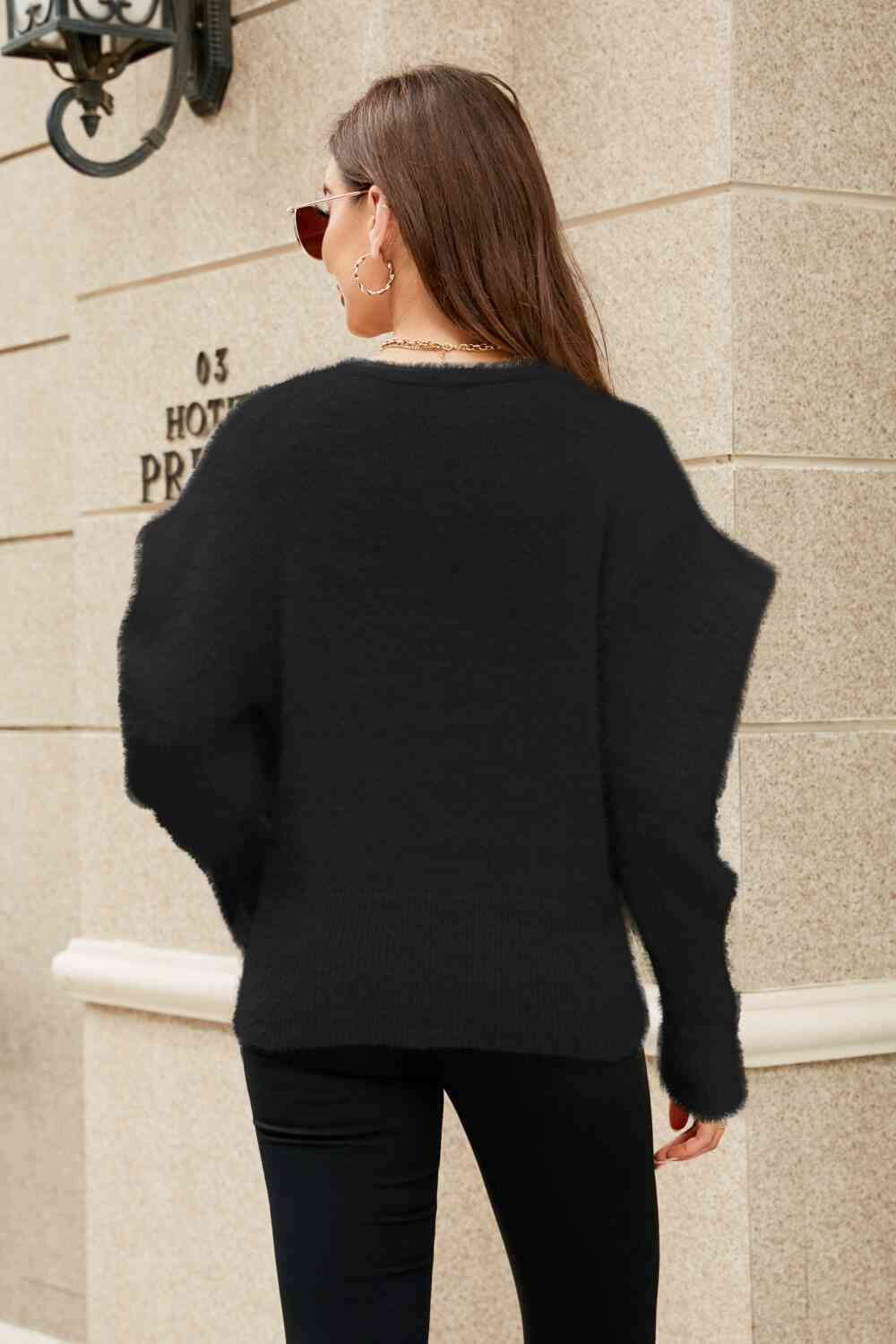 Woven Right Puff Sleeve V-Neck Fuzzy Cardigan - TRENDMELO