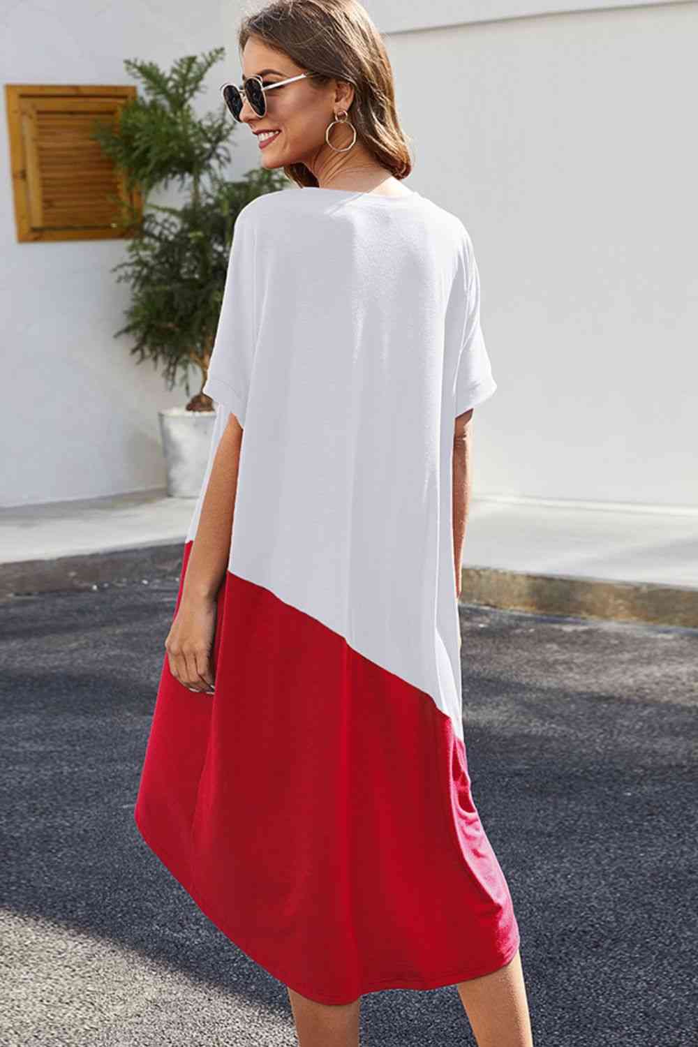 Color Block Round Neck Short Sleeve Dress - TRENDMELO