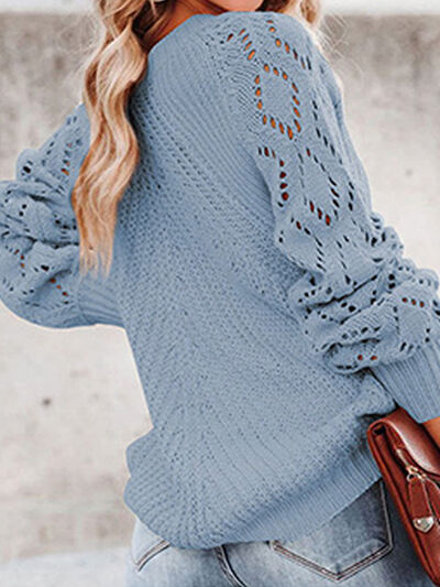 Openwork Round Neck Lantern Sleeve Sweater - TRENDMELO