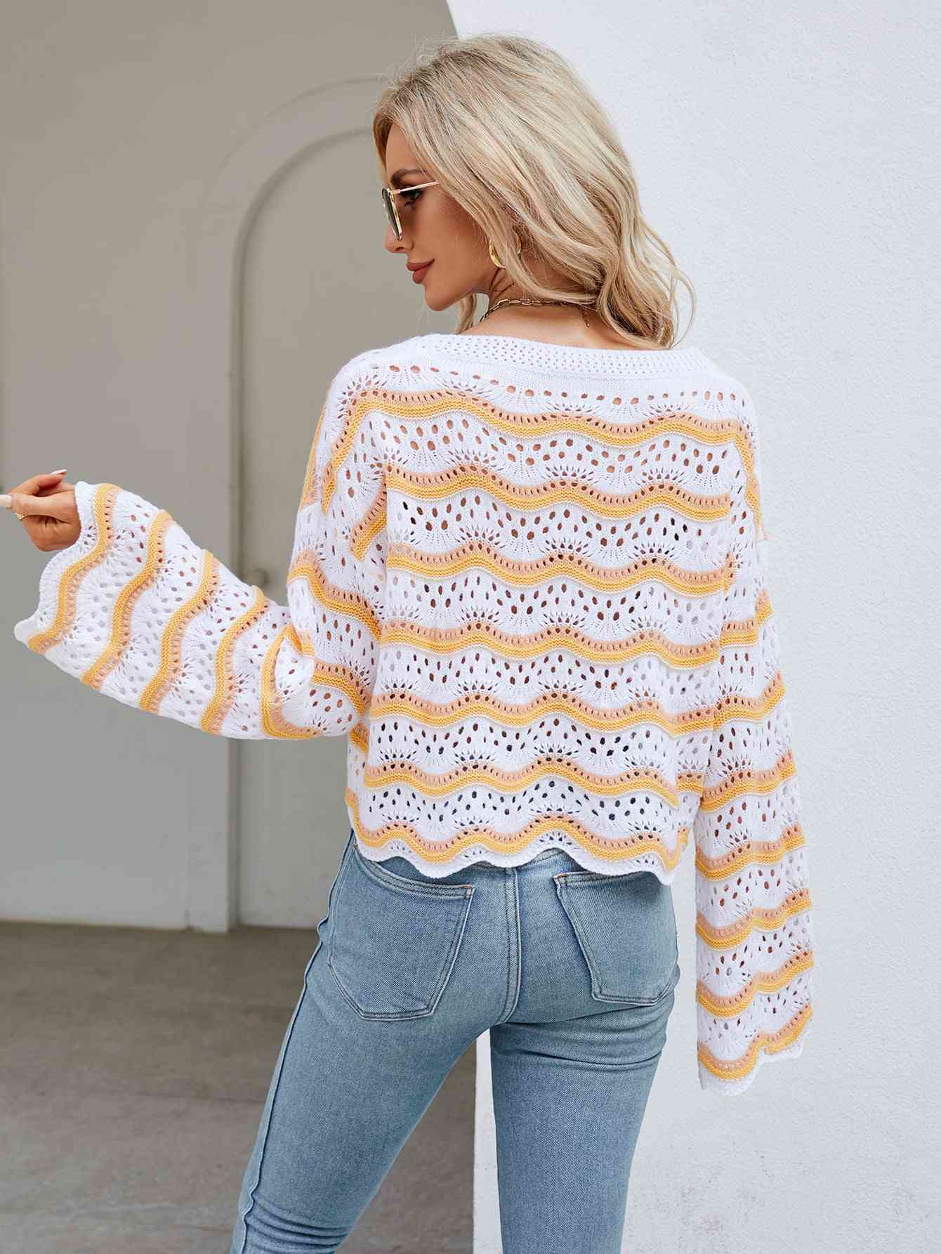 Round Neck Openwork Flare Sleeve Knit Top - TRENDMELO