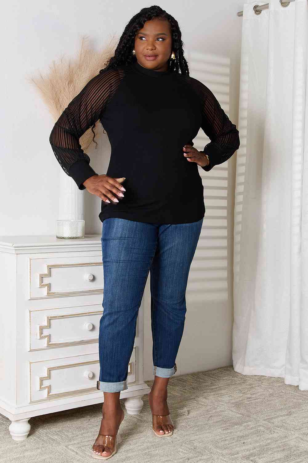 Double Take Round Neck Raglan Sleeve Blouse - TRENDMELO