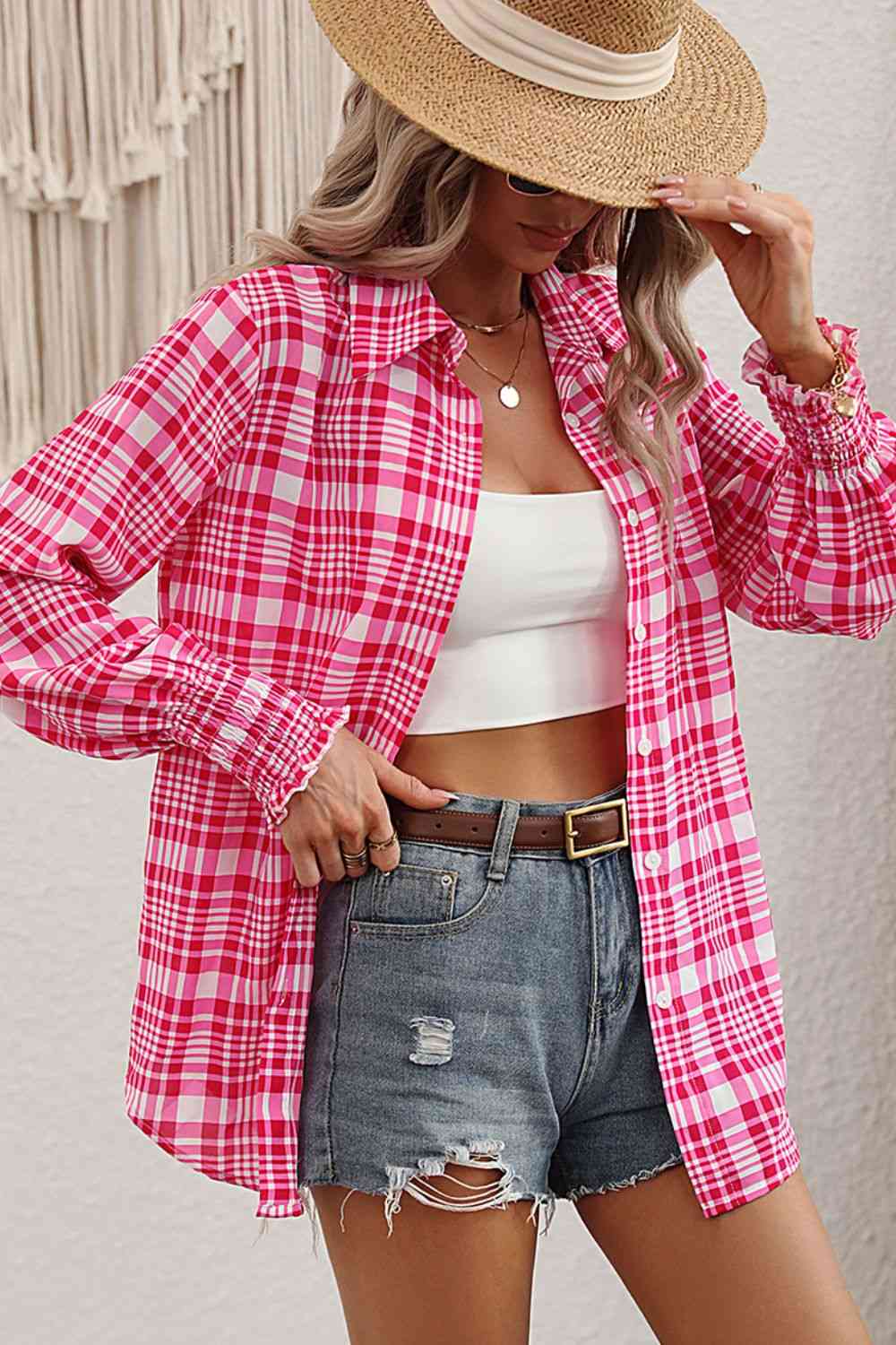Plaid Lantern Sleeve Shirt - TRENDMELO