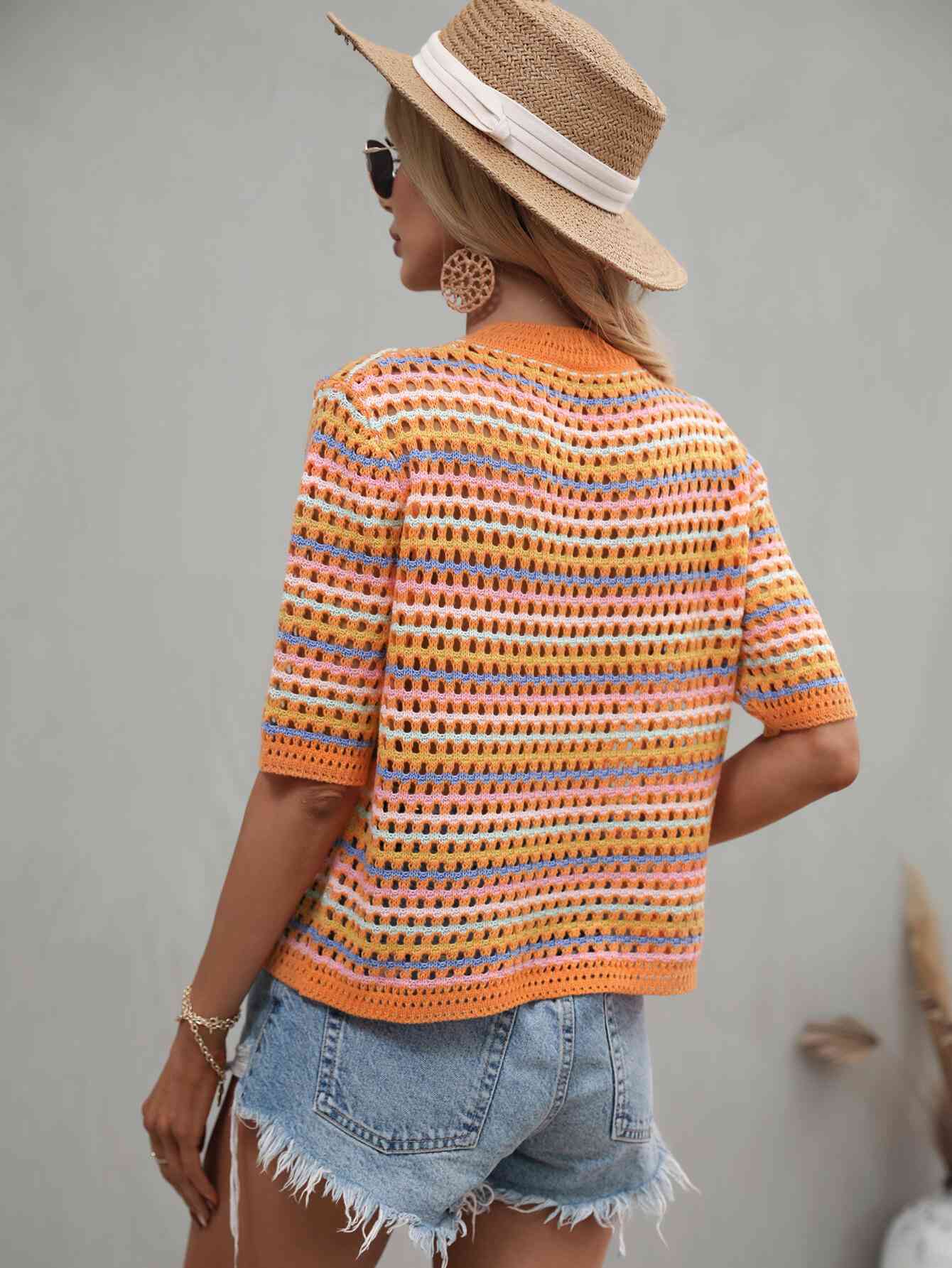 Striped Openwork Half Sleeve Knit Top - TRENDMELO