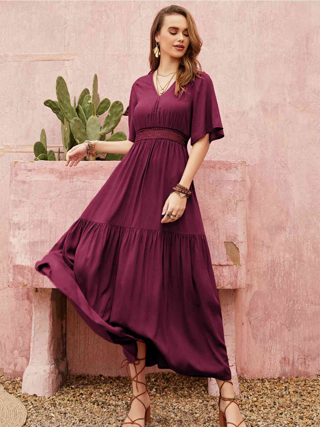 Openwork V-Neck Flare Sleeve Ruched Dress - TRENDMELO