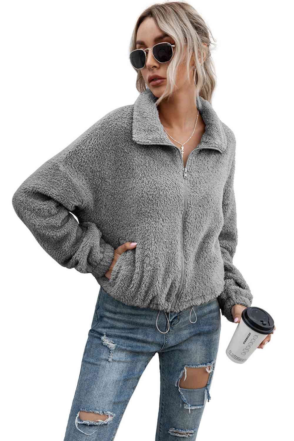 Drawstring Hem Zip Up Teddy Jacket - TRENDMELO