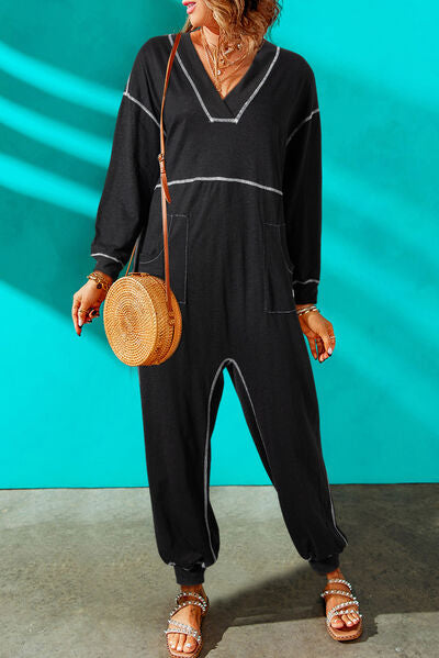 Contrast Stitching Pocketed Dropped Shoulder Jumpsuit - TRENDMELO