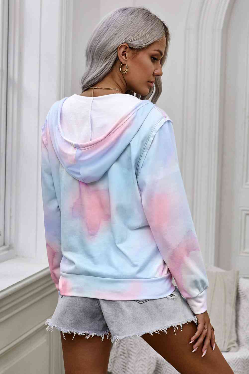Tie-Dye Drawstring Detail Zip Up Hooded Jacket - TRENDMELO