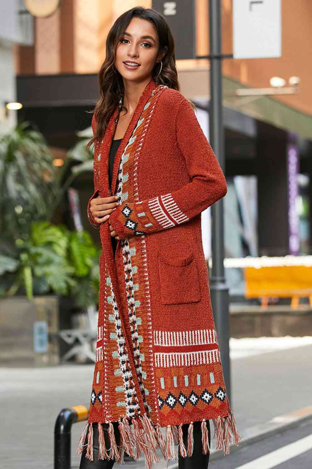Bohemian Tassel Hem Open Front Duster Cardigan - TRENDMELO