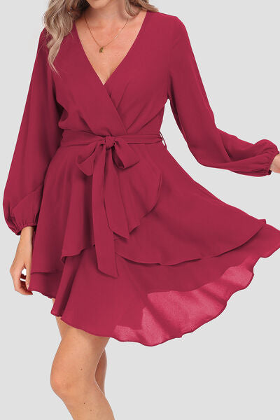 Tied Surplice Balloon Sleeve Layered Dress - TRENDMELO