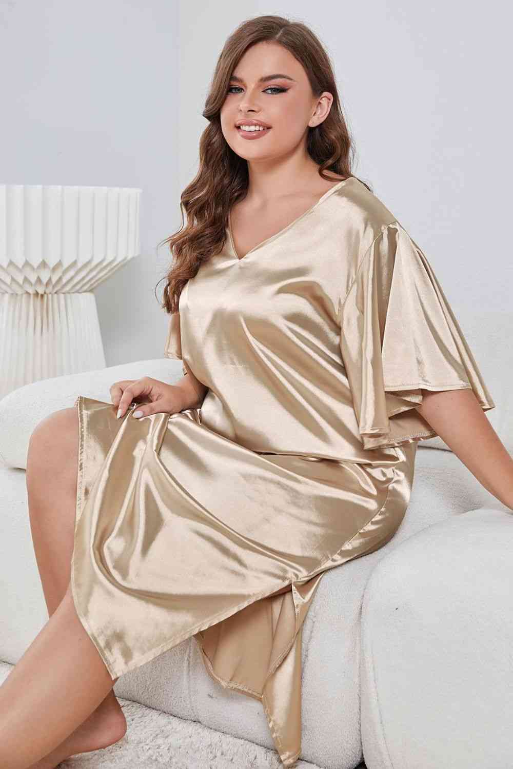 Plus Size Flutter Sleeve V-Neck Side Slit Night Gown - TRENDMELO