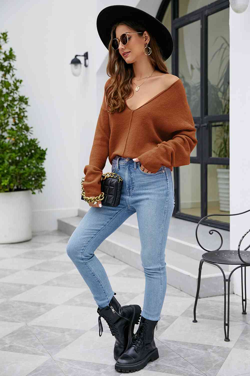 V-Neck Drop Shoulder Long Sleeve Knit Top - TRENDMELO