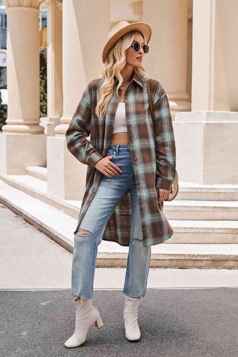 Plaid Collared Neck Long Sleeve Coat - TRENDMELO