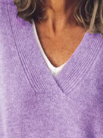 V-Neck Dropped Shoulder Sweater - TRENDMELO