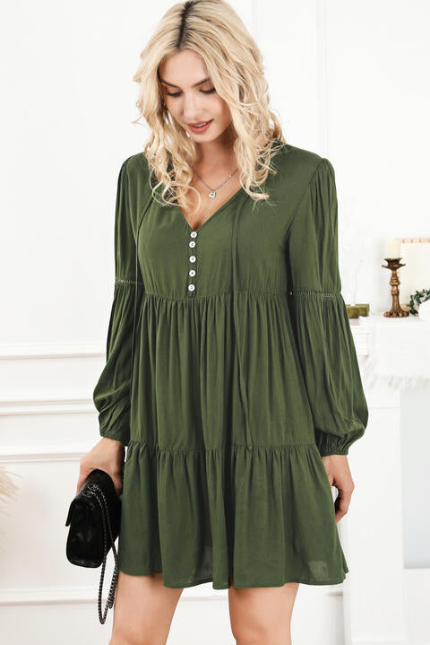 Tie Neck Long Sleeve Tiered Dress - TRENDMELO