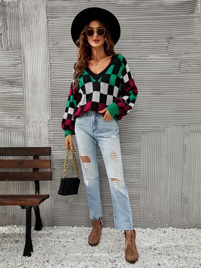 Checkered V-Neck Lantern Sleeve Sweater - TRENDMELO