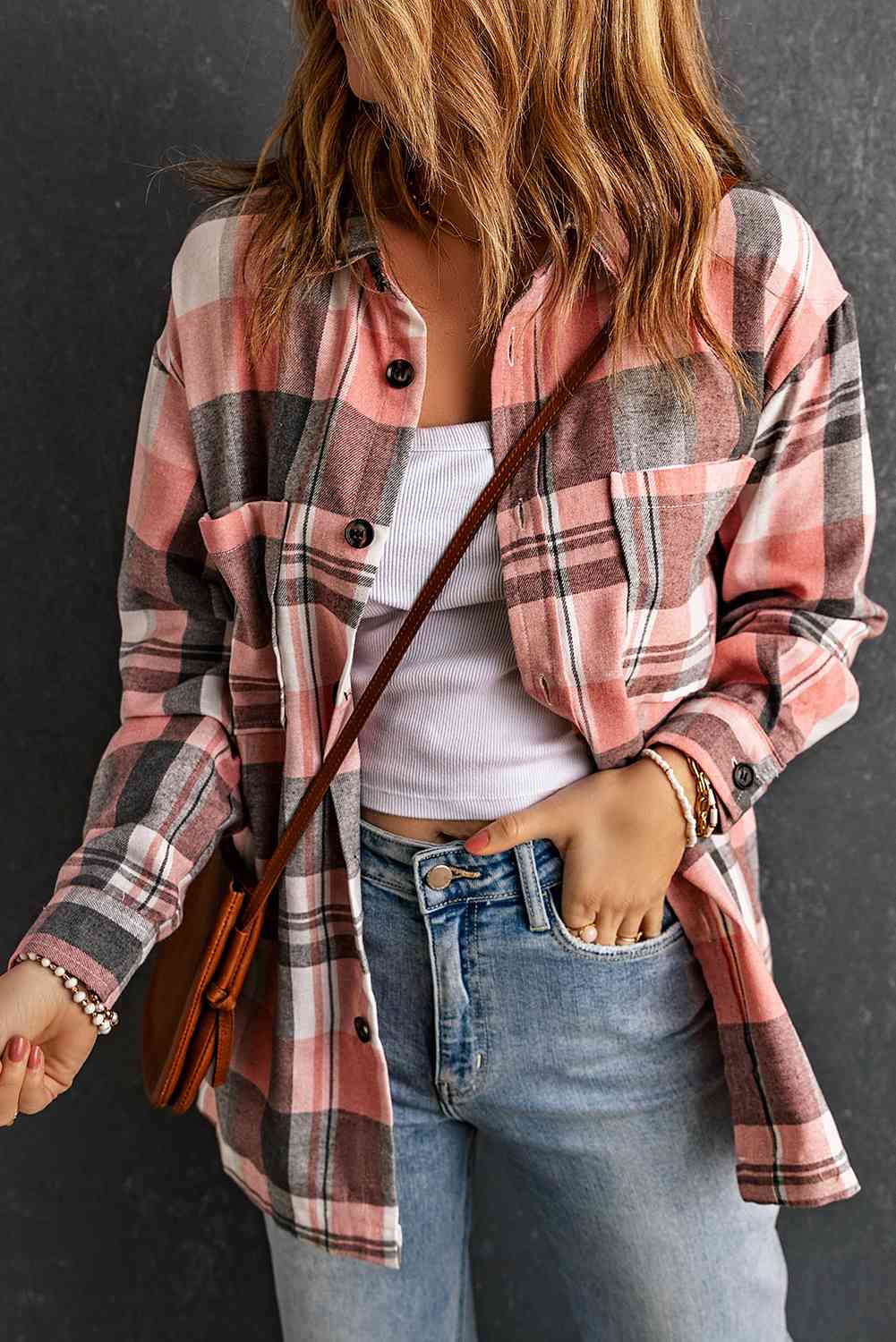 Double Take Plaid Dropped Shoulder Longline Shirt - TRENDMELO