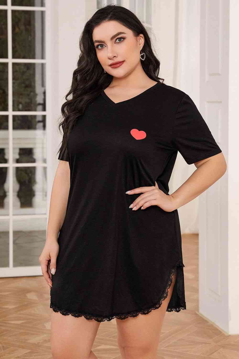 Plus Size Lace Trim V-Neck Short Sleeve Night Dress - TRENDMELO