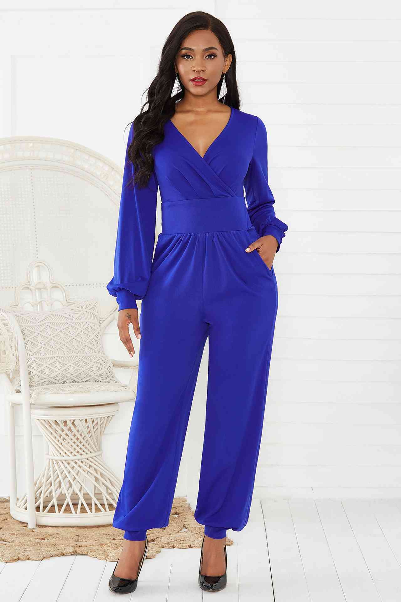 Gathered Detail Surplice Lantern Sleeve Jumpsuit - TRENDMELO