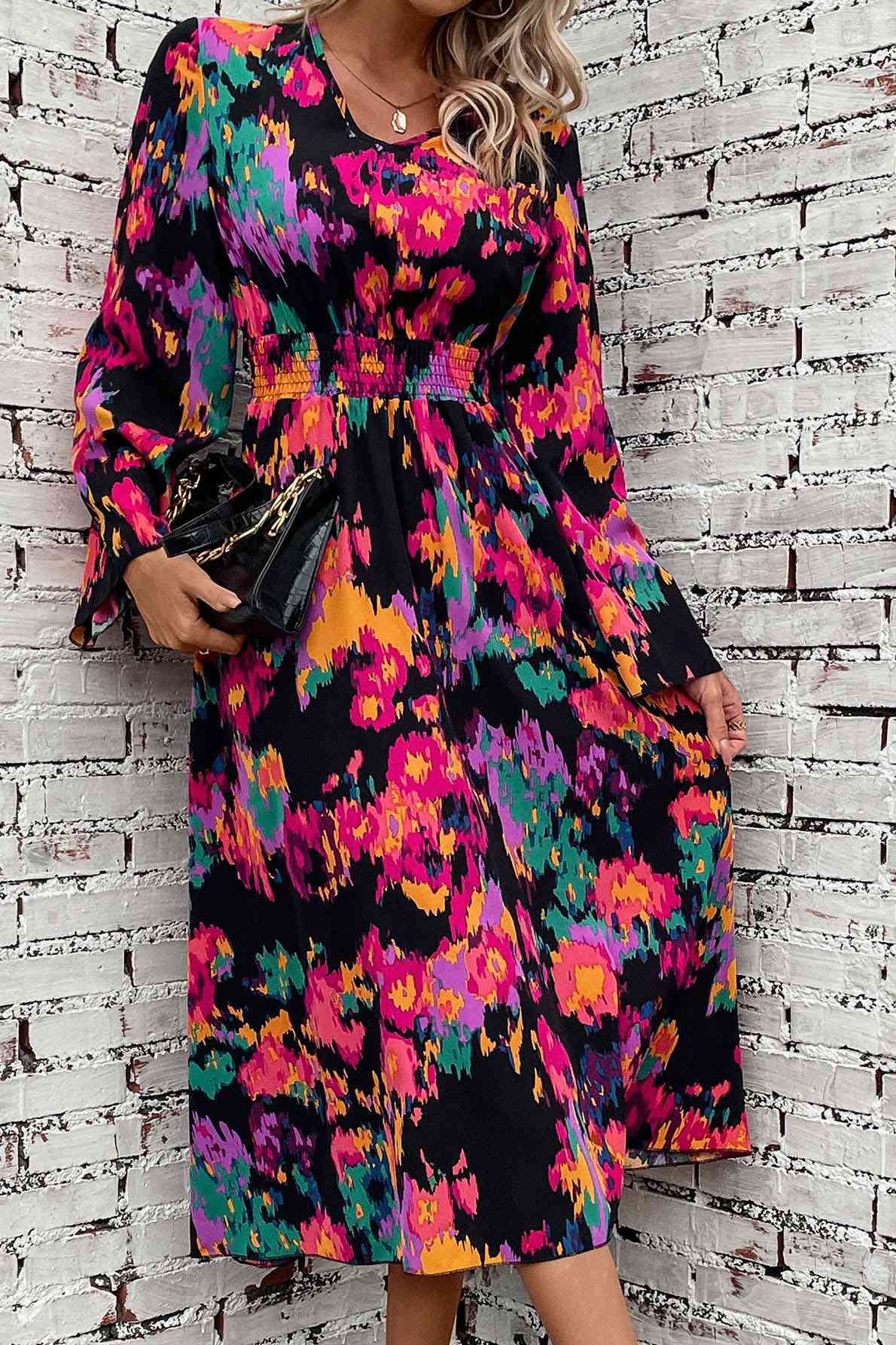 Printed Smocked Waist Midi Dress - TRENDMELO