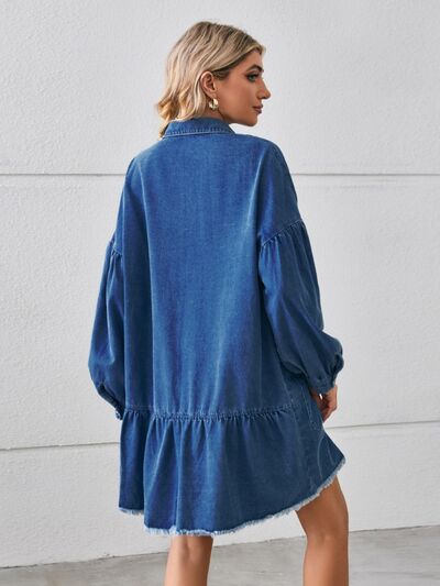 Button Up Pocketed Raw Hem Denim Dress - TRENDMELO