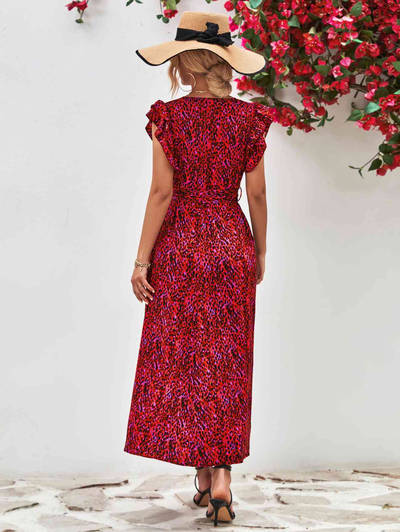 Printed Surplice Neck Flutter Sleeve Slit Dress - TRENDMELO