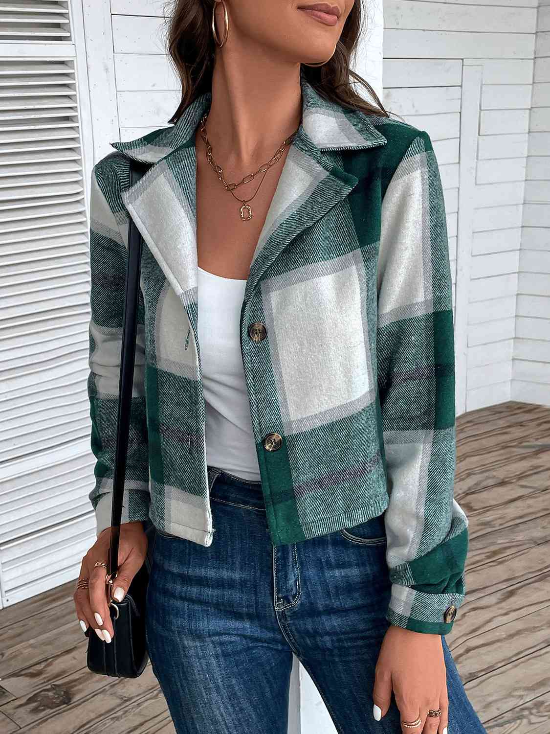 Plaid Collared Neck Button Up Long Sleeve Jacket - TRENDMELO