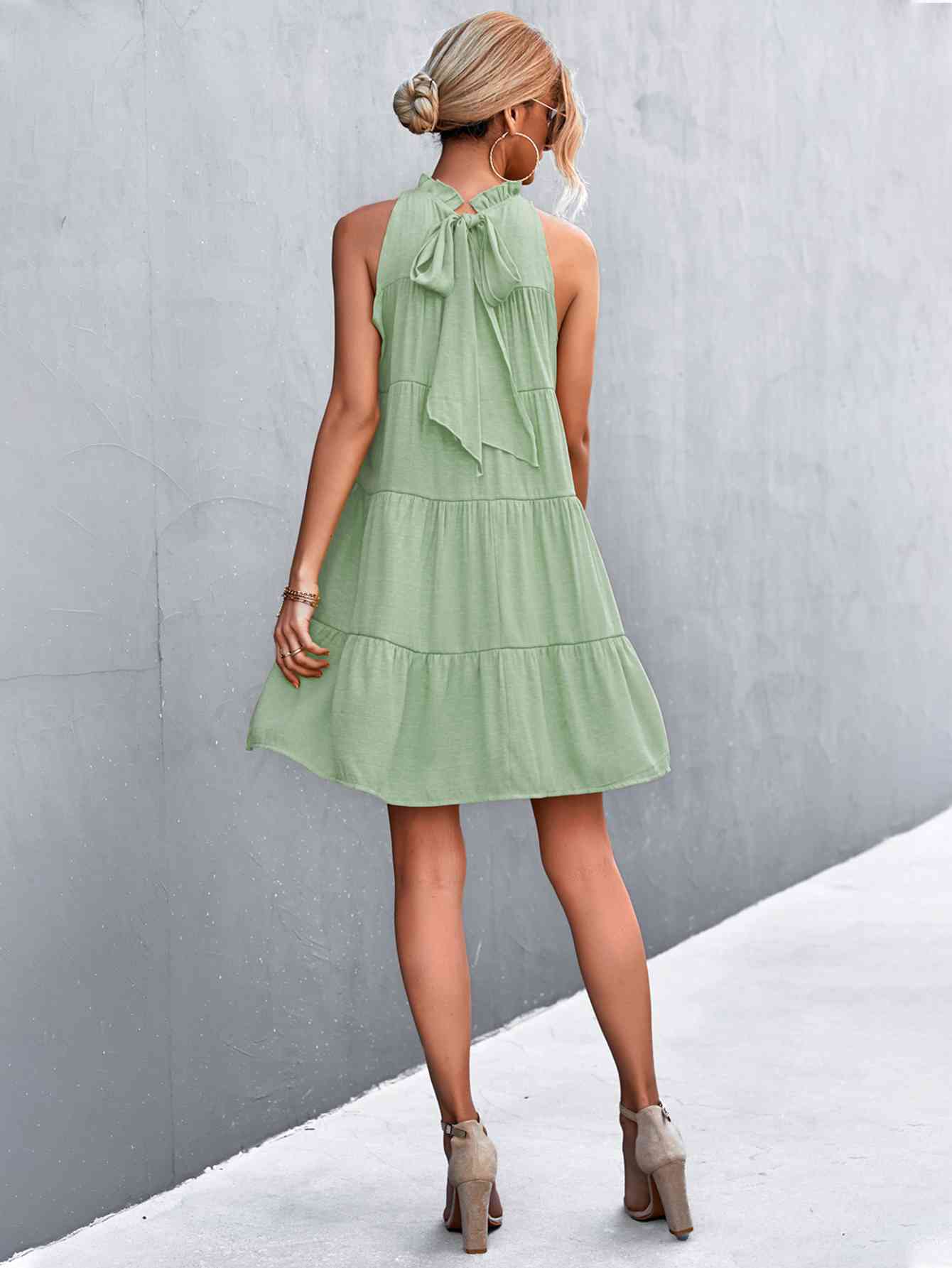Tie Back Mock Neck Tiered Dress - TRENDMELO