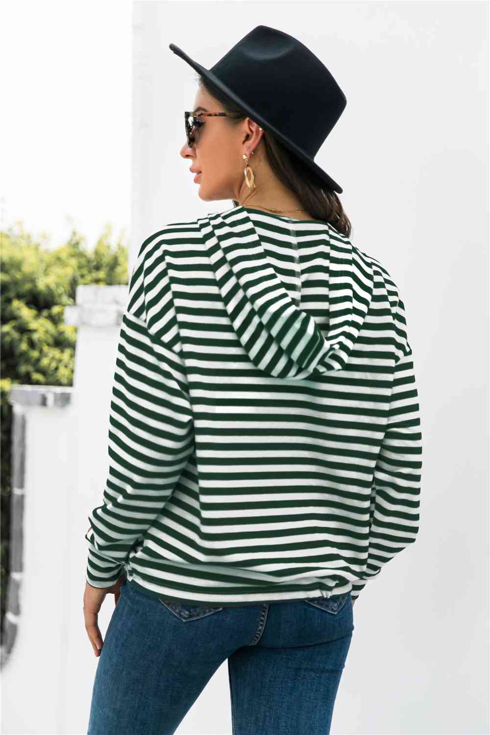 Striped Half-Button Dropped Shoulder Hoodie - TRENDMELO