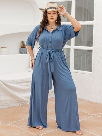 Plus Size Ribbed Half Button Tie-Waist Jumpsuit - TRENDMELO