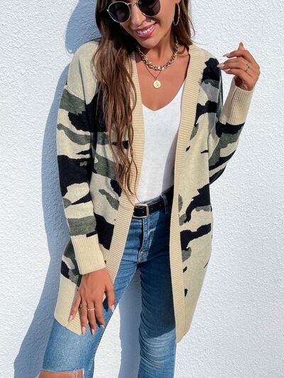 Camouflaged Dropped Shoulder Open Front Cardigan - TRENDMELO