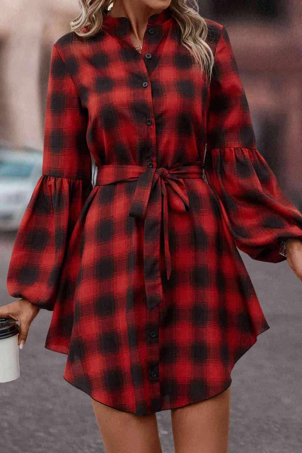 Plaid Tie Waist Balloon Sleeve Mini Dress - TRENDMELO