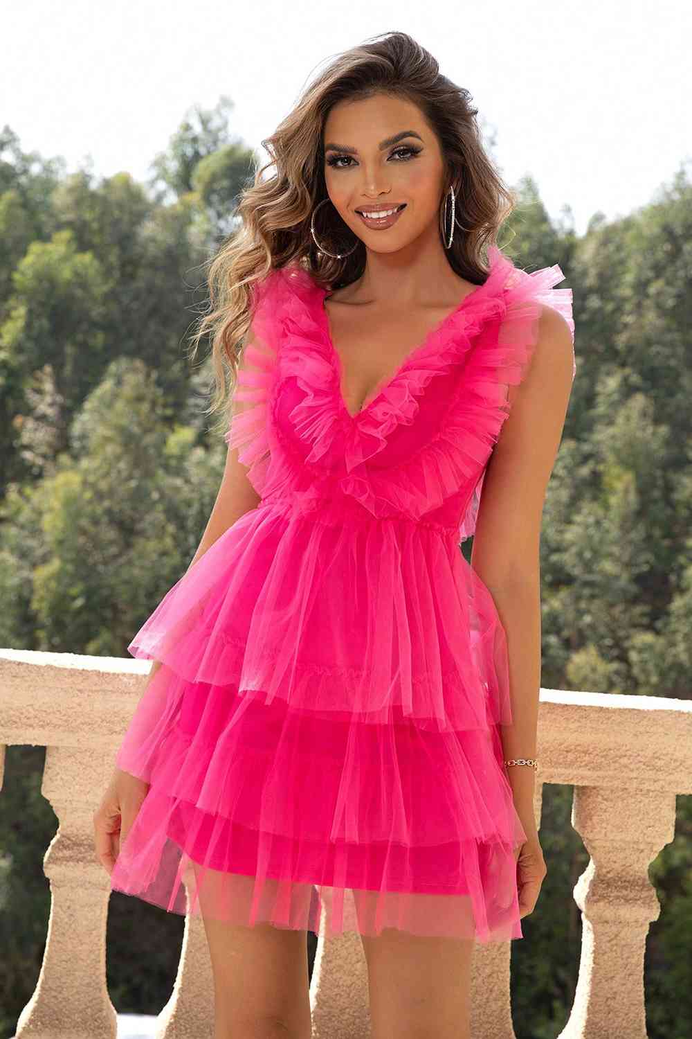 Ruffled V-Neck Sleeveless Mesh Dress - TRENDMELO