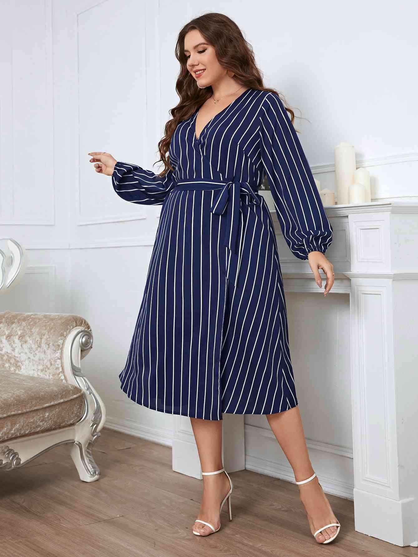 Melo Apparel Plus Size Striped Surplice Neck Long Sleeve Dress - TRENDMELO