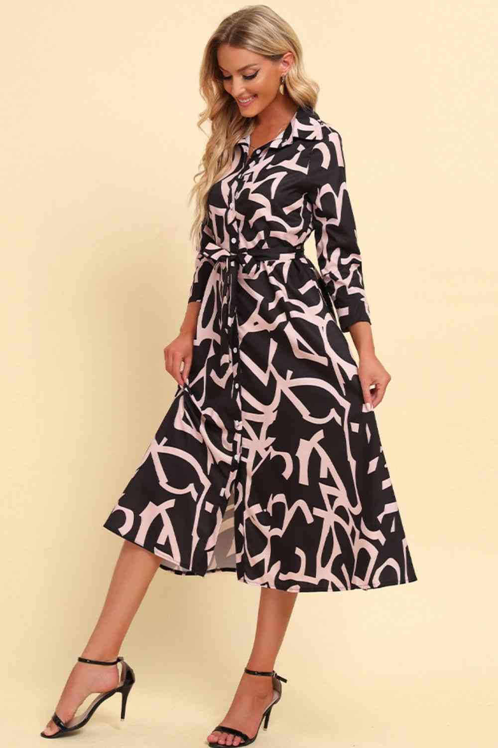 Printed Button Front Belted Midi Dress - TRENDMELO