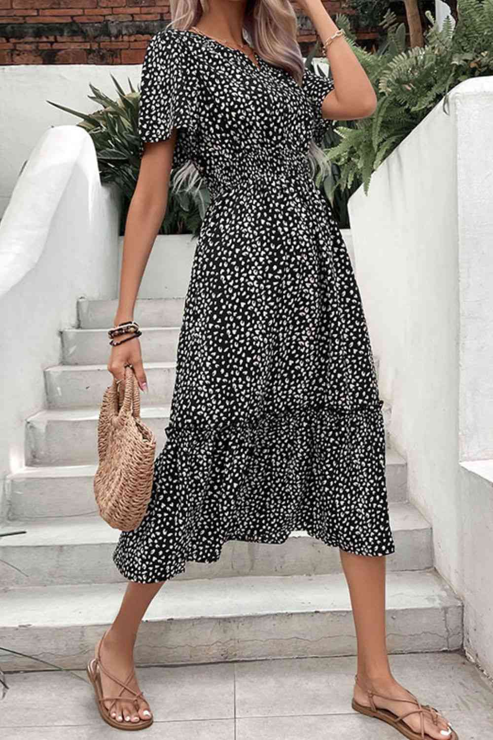 Leopard Print Short Sleeve Midi Dress - TRENDMELO