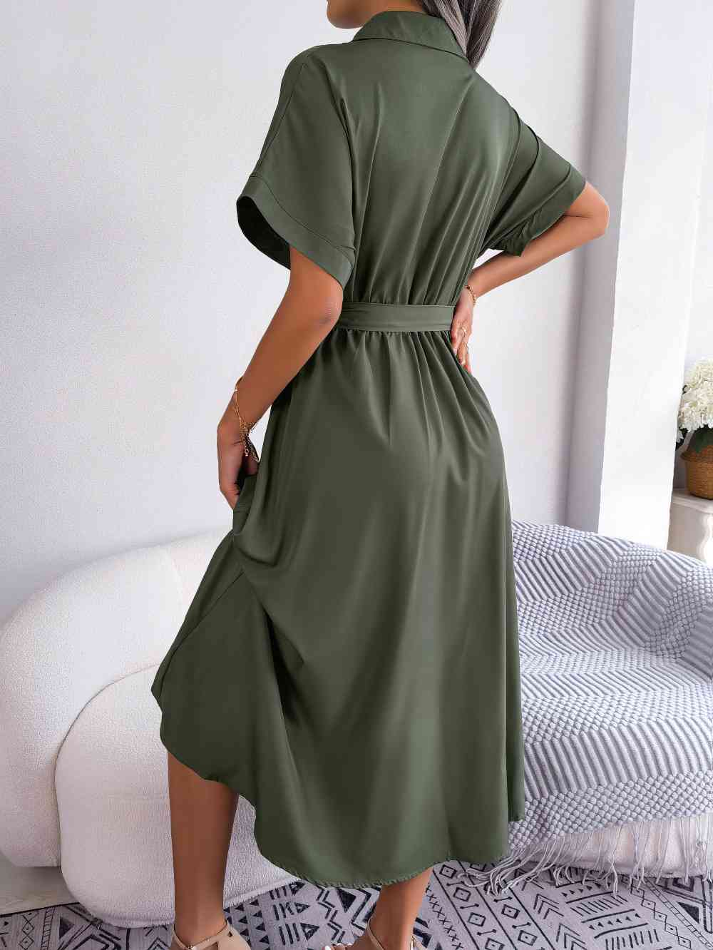 Short Sleeve Collared Tie Belt Dress - TRENDMELO