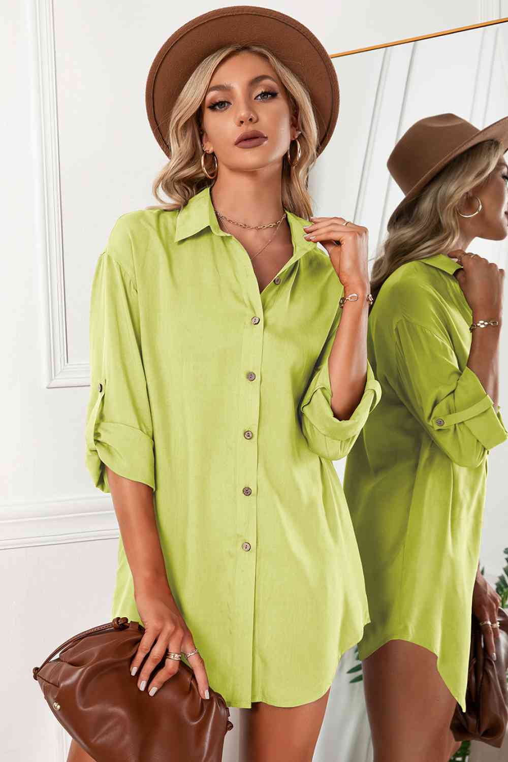 Solid Button Up Drop Shoulder Blouse - TRENDMELO