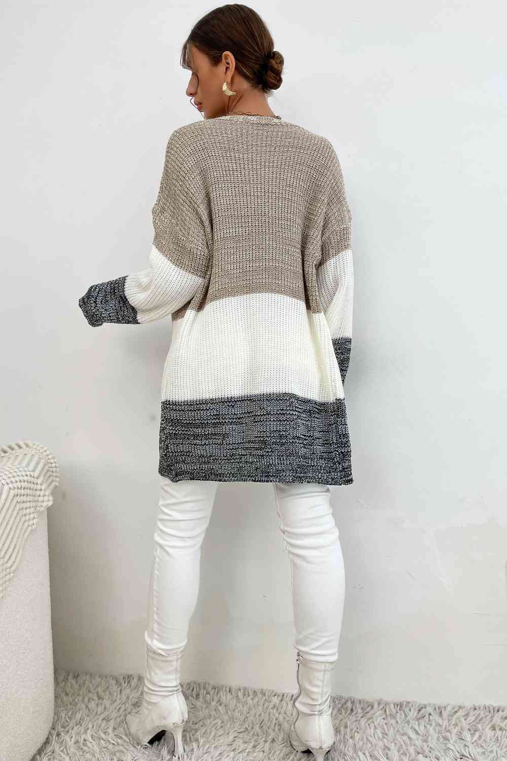 Tricolor Color Block Open Front Cardigan - TRENDMELO