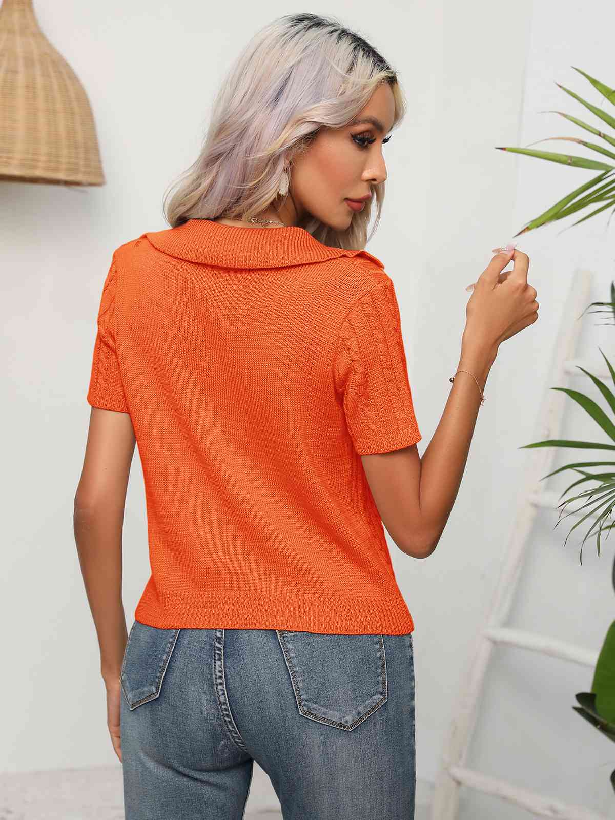 Cable-Knit Johnny Collar Short Sleeve Knit Top - TRENDMELO