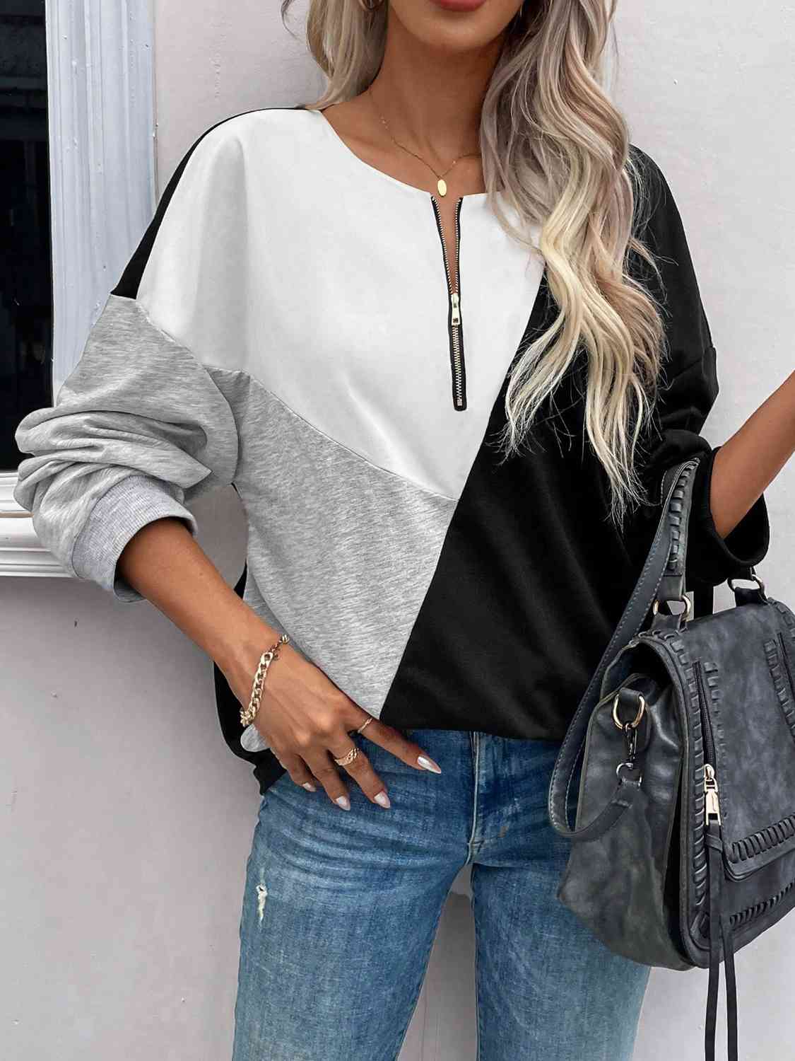 Color Block Zip-Up Sweatshirt - TRENDMELO