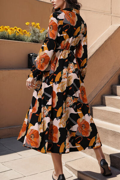 Printed Tie Neck Flounce Sleeve Dress - TRENDMELO