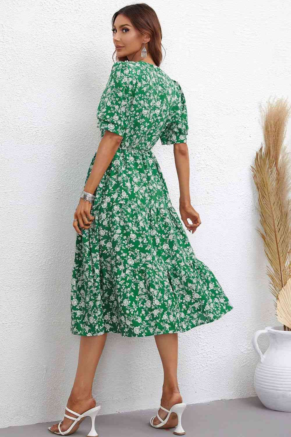 Floral Tie Waist Puff Sleeve Midi Dress - TRENDMELO